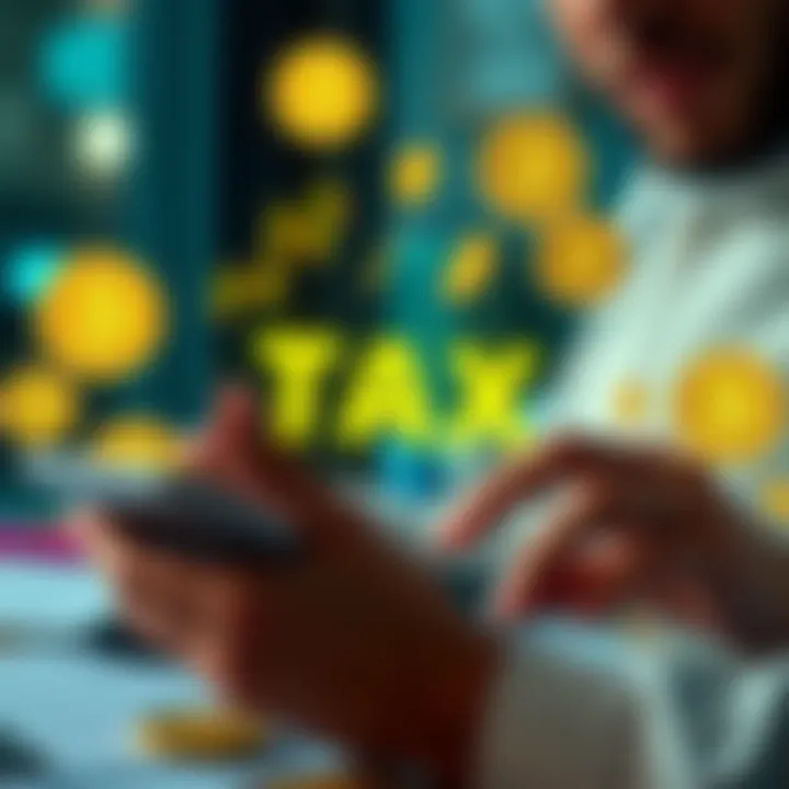 A graphic showing a person calculating taxes with cryptocurrency symbols around them, emphasizing the impact of new UK regulations on crypto users, particularly Coinbase.