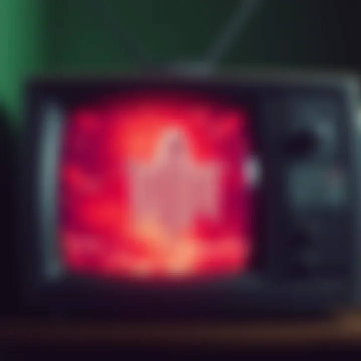 A vintage TV screen showing static with a ghostly figure speaking, representing Vrillon, during the 1977 broadcast interruption.