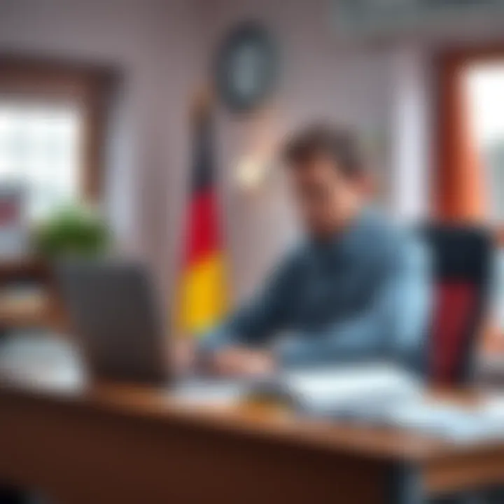 A Ukrainian refugee sitting at a desk with financial documents and a laptop, looking concerned about tax residency issues, with a German flag in the background.