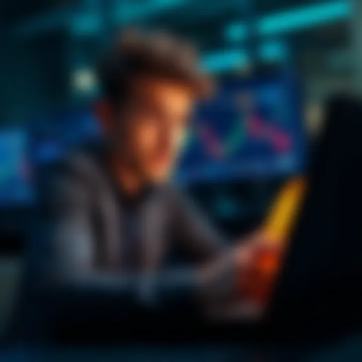 A person looking confused while reading about Bitcoin on a laptop with charts and graphs visible on the screen.