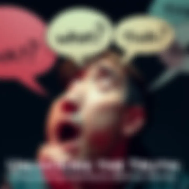 A person looking thoughtfully while speaking, with speech bubbles showing various expressions like curiosity and confusion, symbolizing the complexity of human language.