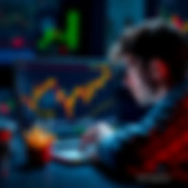A person looking at fluctuating cryptocurrency graphs on a laptop, confused by the price movements, trying to relate them to everyday items like a Big Mac.