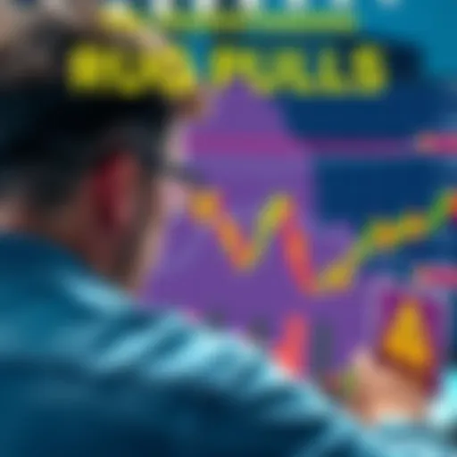 A graphic showing a person looking at cryptocurrency charts with caution signs indicating risk, symbolizing rug pulls in the crypto market.