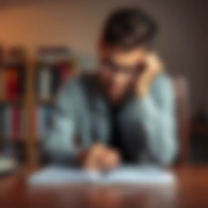 A person reflecting on their weaknesses while sitting at a desk with a notebook and pen, symbolizing personal growth and improvement.