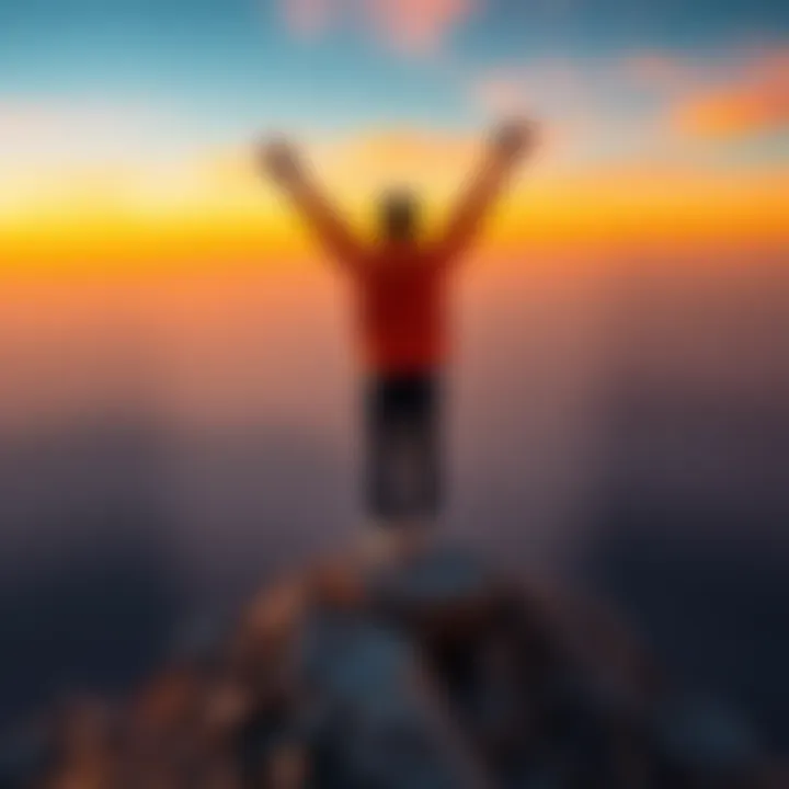 A person standing on a mountain peak with arms raised, symbolizing the rarity of individual existence.
