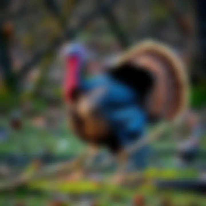 Unique Wild Turkey A wild turkey with distinct features, showcasing its unusual coloration and markings, standing in a natural setting.