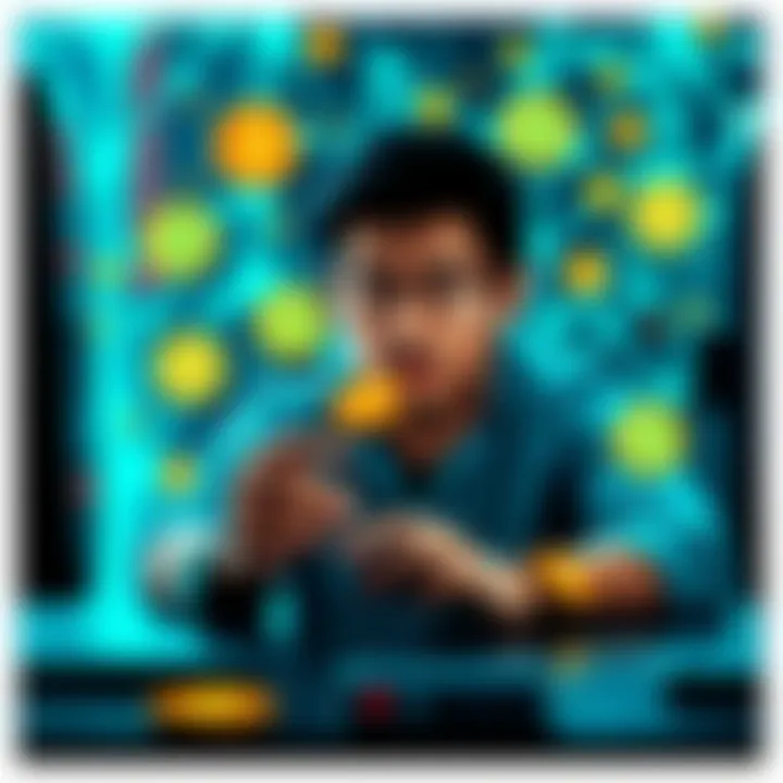 A person working on a computer trying to unlock a Bitcoin wallet with digital currency symbols around them.