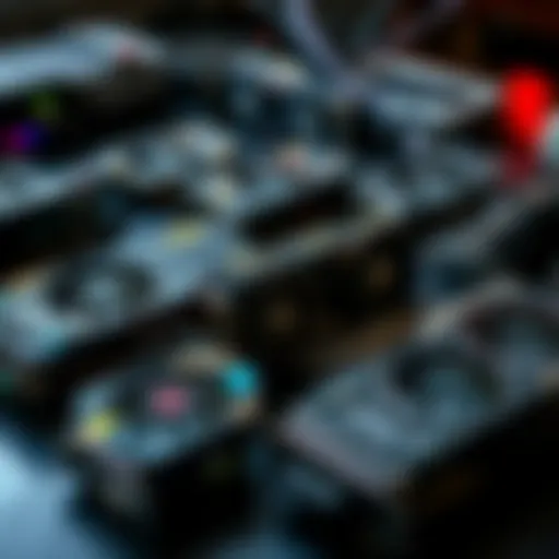 A collection of dusty, idle GPUs on a table, highlighting the shift in their usage.