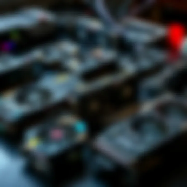 A collection of dusty, idle GPUs on a table, highlighting the shift in their usage.