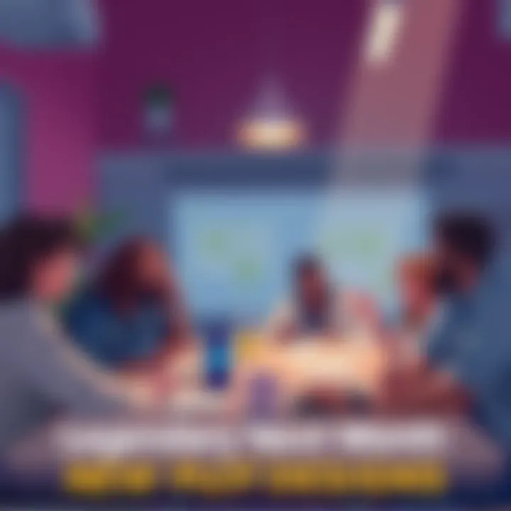 Upcoming Legendary Plot Designs An illustration showcasing new legendary plot designs with community members discussing around a table, sharing ideas and excitement.