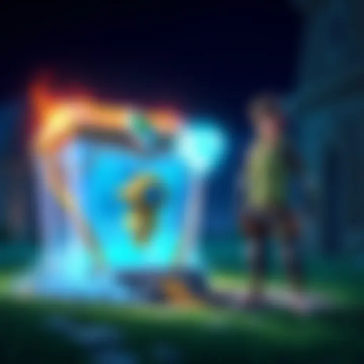 A player character standing next to a glowing legendary parcel, holding a diamond in hand, showcasing the excitement of upgrading.