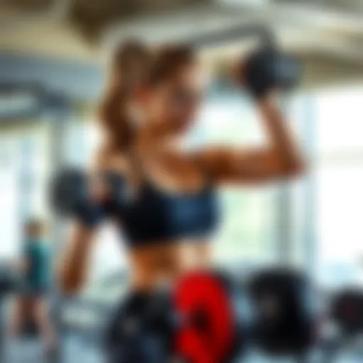 A woman performing a push workout, focusing on her upper body with weights in a gym setting.