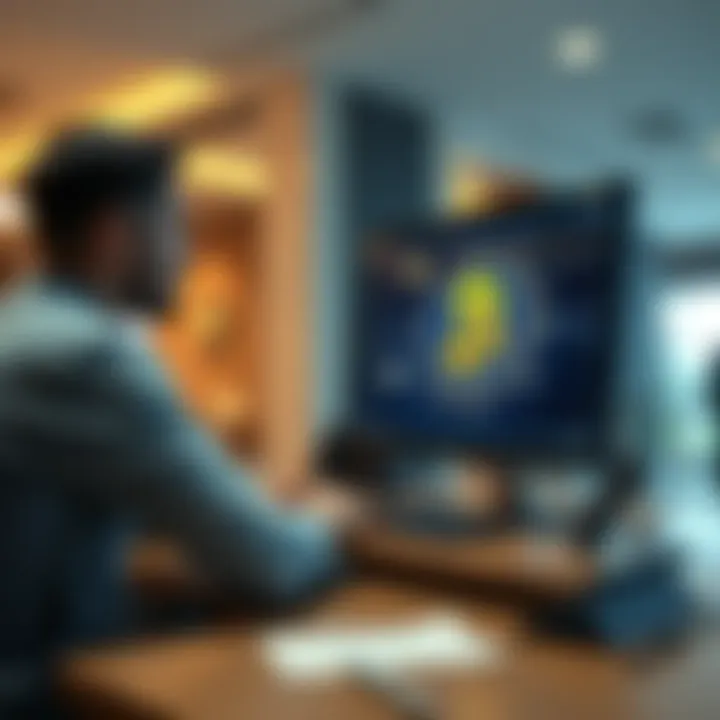 A person at a bank desk using a computer screen displaying Bitcoin graphics, symbolizing secure transactions.