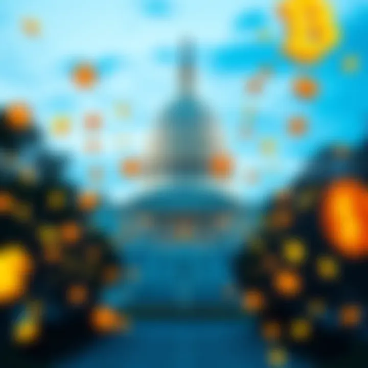 US Capitol Building surrounded by symbols representing cryptocurrency, illustrating the push for crypto regulations before midterms.
