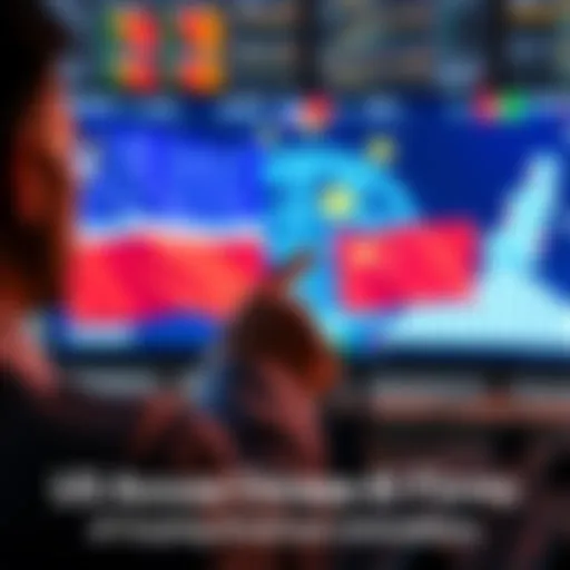 A person pointing at a computer screen showing AI models with flags of the US and China in the background