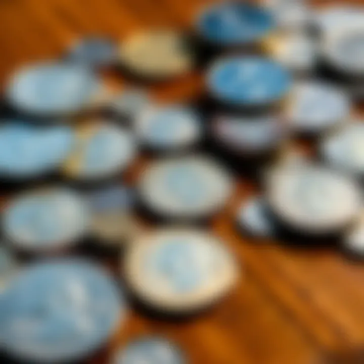 Various U.S. coins laid out A collection of different U.S. non-bullion coins including quarters, dimes, and nickels arranged on a wooden surface