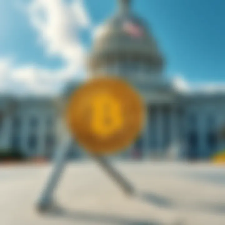 A visual concept showing a Bitcoin coin in front of a US government building, symbolizing the potential for tax payments in Bitcoin.