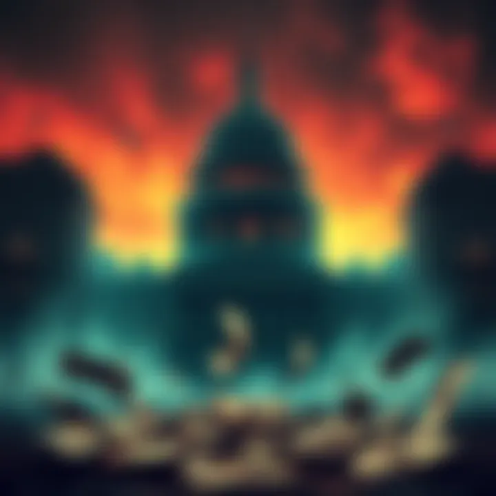 Visual representation of the US government as a zombie company, showcasing empty buildings and currency bills in disarray.