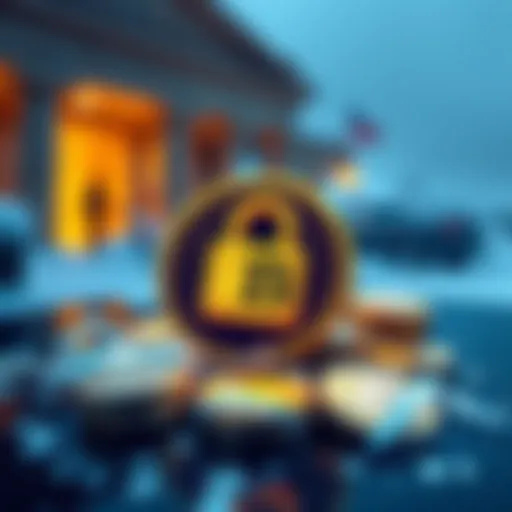 A graphic showing U.S. Bank's logo alongside digital coins being frozen with a lock symbol, representing the concept of freezing stablecoins in cryptocurrency.