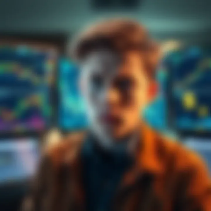 A young man with a worried expression, surrounded by computer screens displaying cryptocurrency charts and dollar signs, symbolizing a major theft investigation.