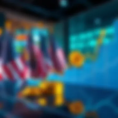 A graph showing stable stock market performance with rising lines representing gold and bitcoin alongside U.S. flags in the background.