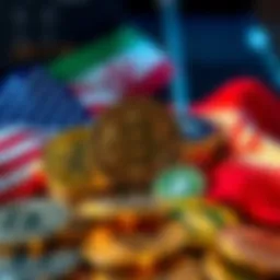 A visual representation of US authorities confiscating cryptocurrency linked to Iran, highlighting tensions. Cryptocurrency symbols and US flags are included.