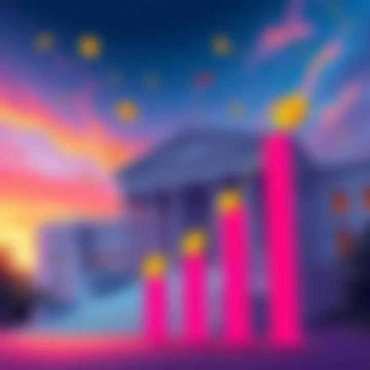 Illustration of a Senate building with currency symbols representing cryptocurrency and a rising graph, showcasing regulatory changes in crypto legislation.