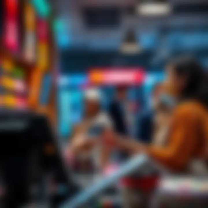 A customer making a payment with USDC at a checkout counter, with cashiers and products in the background.