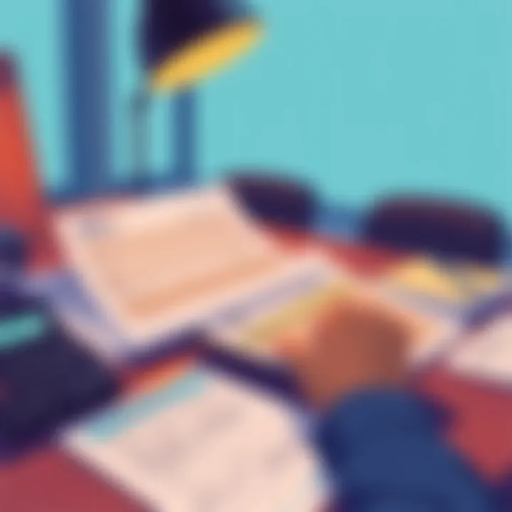 Illustration showing a person reviewing USDC transactions and 1099 forms at a desk with a calculator and documents.