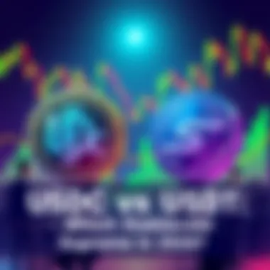 An illustration showing USDC and USDT logos, symbolizing the competition between these two stablecoins in the market, with a background depicting a financial chart and people discussing.