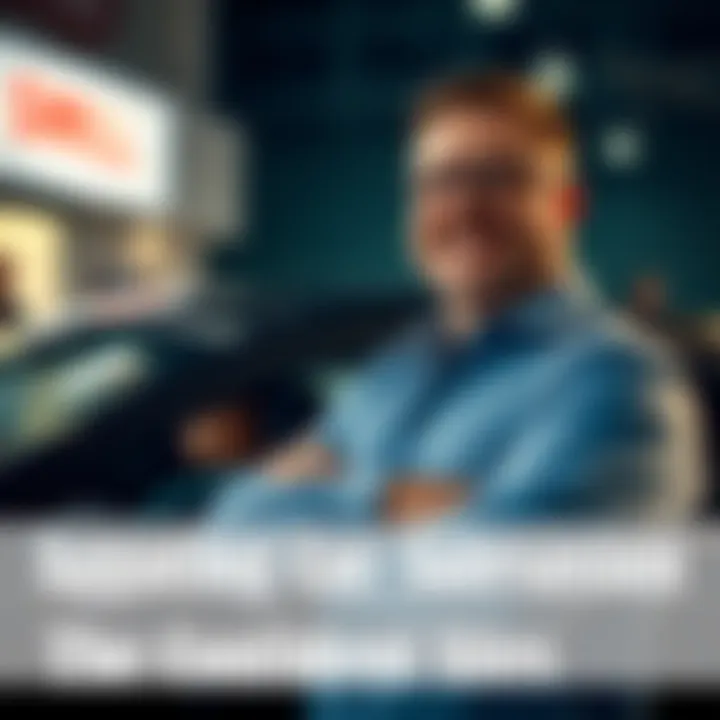 Used Car Salesman with a Confident Smile A used car salesman stands beside a car with a confident smile, displaying charm and friendliness, while potential buyers look on with mixed feelings.