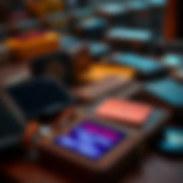 A close-up of used crypto wallets displayed for sale on a table, showing signs of wear and a factory reset message on a screen.