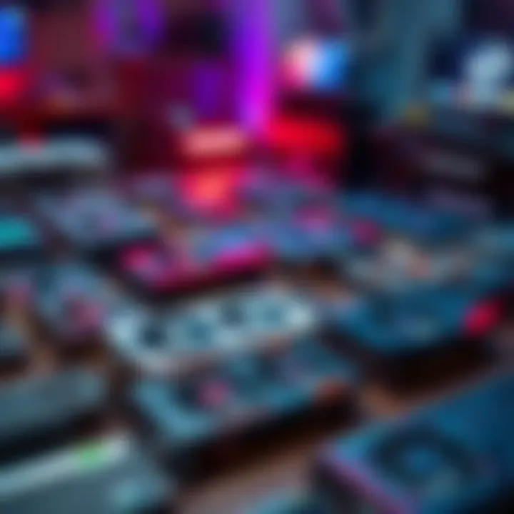 A display of various used graphics cards laid out on a table, showing signs of previous use, indicating sales from miners.