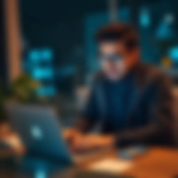 A person troubleshooting a used indoor hotspot with LED indicators on, looking frustrated with a laptop in front of them