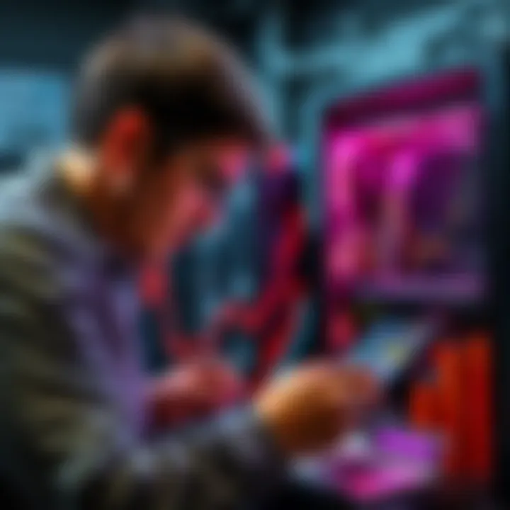 A person examining a used mining machine with a calculator and financial charts nearby, symbolizing investment and passive income generation.