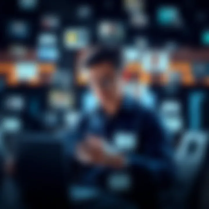 A person engaged in curating online content, surrounded by digital articles and discussions