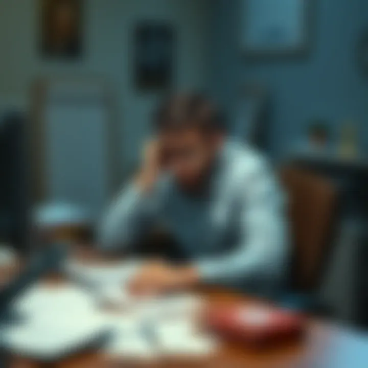 A person sitting at a computer desk looking worried, with paperwork scattered around them, showing frustration over a financial issue with Bitstamp