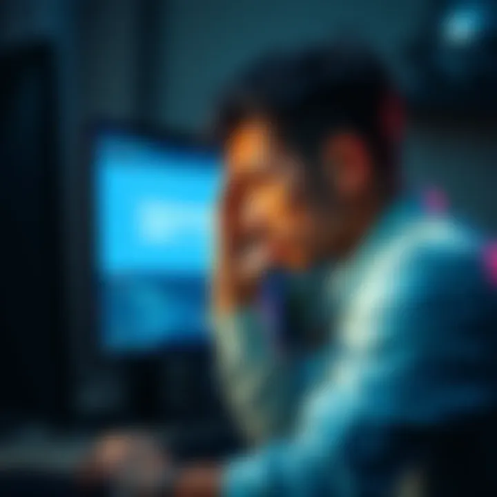User struggles with Kraken account access A frustrated person looks at a computer screen showing a 'withdrawal failed' message while holding their head in disappointment, representing the issues with accessing funds.