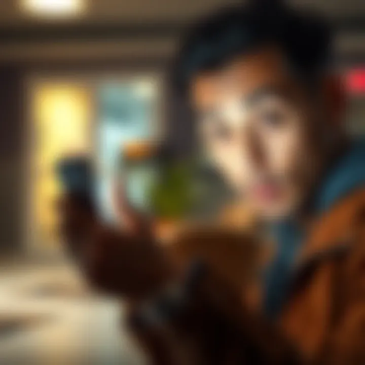 A person looking at their smartphone with a surprised look, showing a notification about unexpected parcels and rent increase.