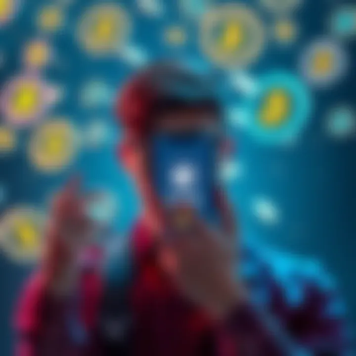 A person looking worried while holding a smartphone displaying the Uxento app, with cryptocurrency icons in the background symbolizing financial loss.