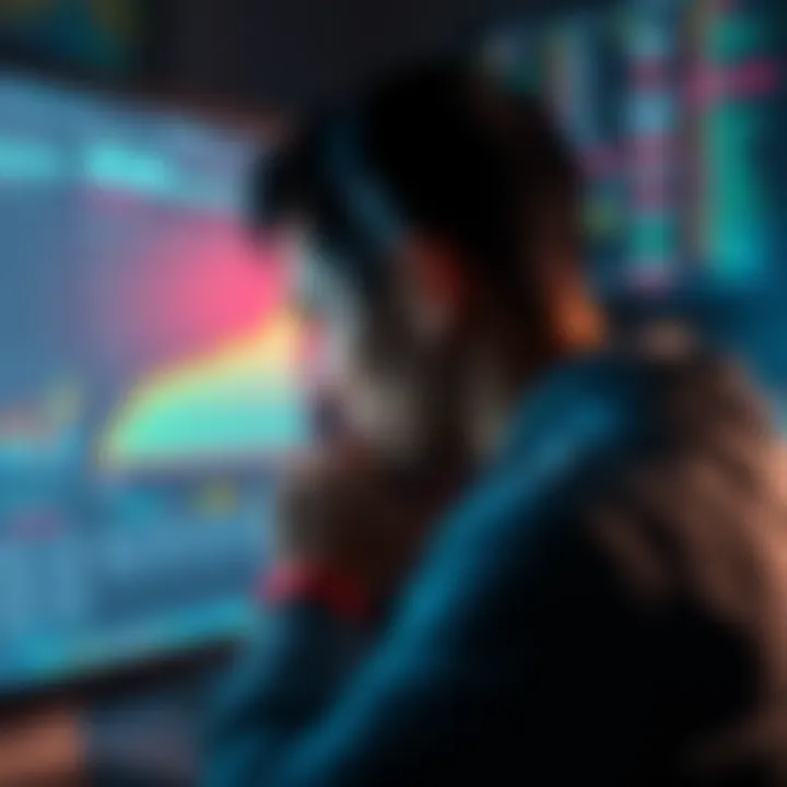 User contemplating tier upgrade A person looking at a computer screen with graphs and numbers, showing a tier upgrade and potential financial losses
