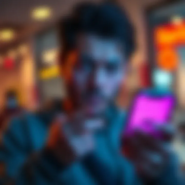 A person looks stressed while checking their smartphone, showing a blocked rent payment notification from a banking app.