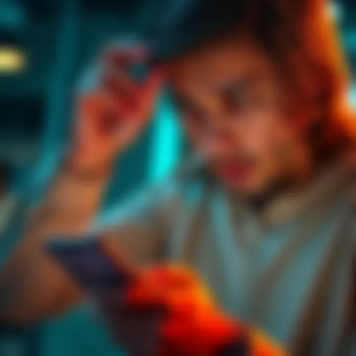 A person looking frustrated while checking their phone, with a Revolut app open displaying unexpected investment charges