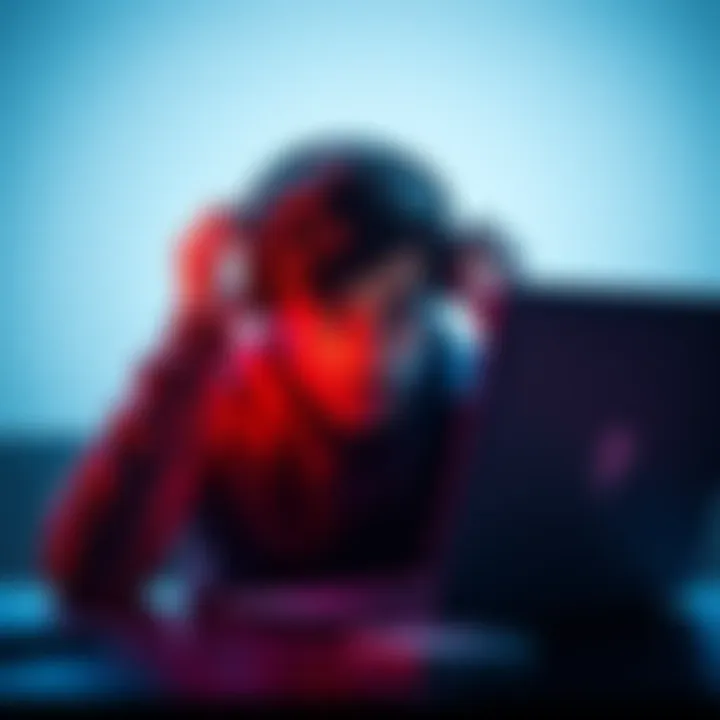 User encountering PayPal issues A frustrated person looking at a laptop displaying the PayPal logo with a pending transaction message