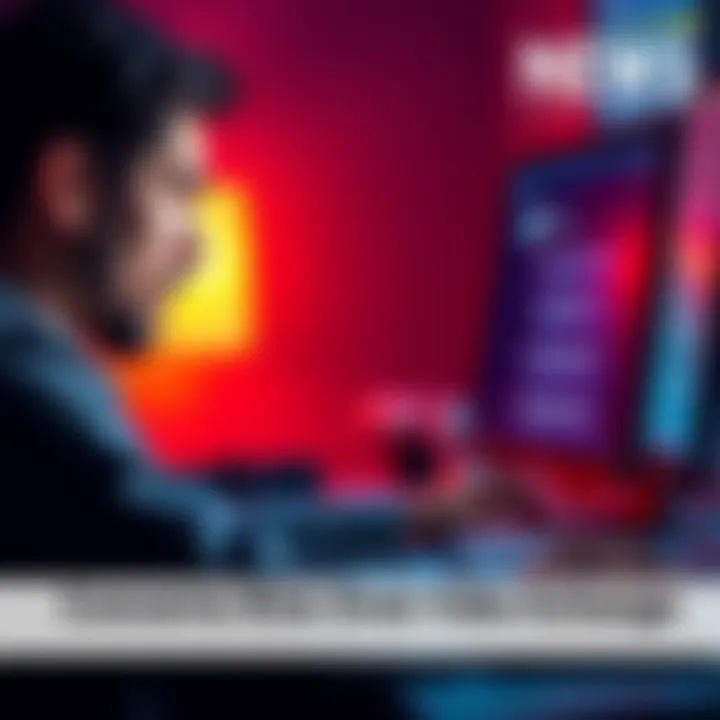 A concerned person looking at a computer screen while typing in a forum, with a chat window open showing discussions about a fraudulent exchange.