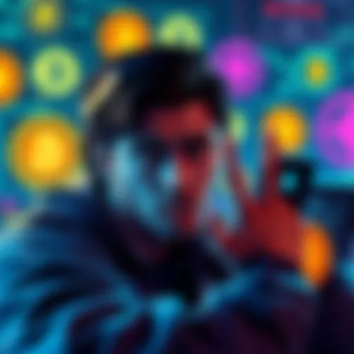 A frustrated user looking at a locked account screen with Bitcoin logos and verification symbols in the background