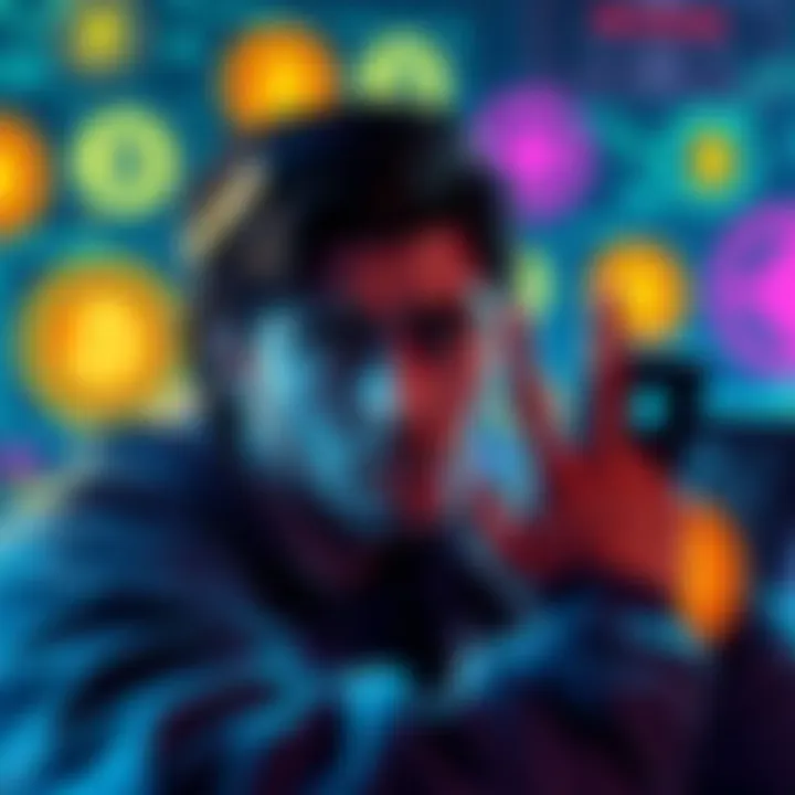 A frustrated user looking at a locked account screen with Bitcoin logos and verification symbols in the background