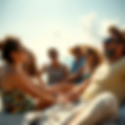 A group of people relaxing on a beach during vacation, smiling and enjoying the sun