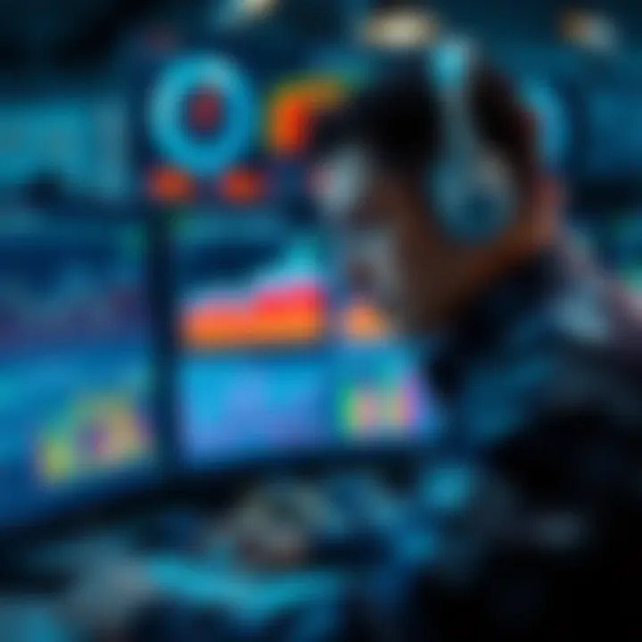 A validator monitoring synchronization data with graphs and metrics on a screen, analyzing performance in sync committees