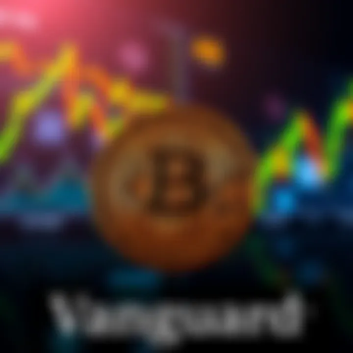 Vanguard logo with a Bitcoin symbol and stock market graphics in the background